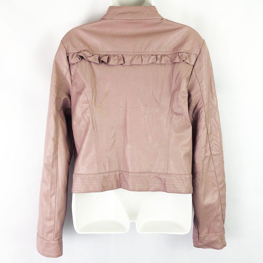 Heart Soul Dusty Mauve Moto Jacket (L) Pink Vegan Leather Ruffle Trim Biker Coat - Picture 7 of 13